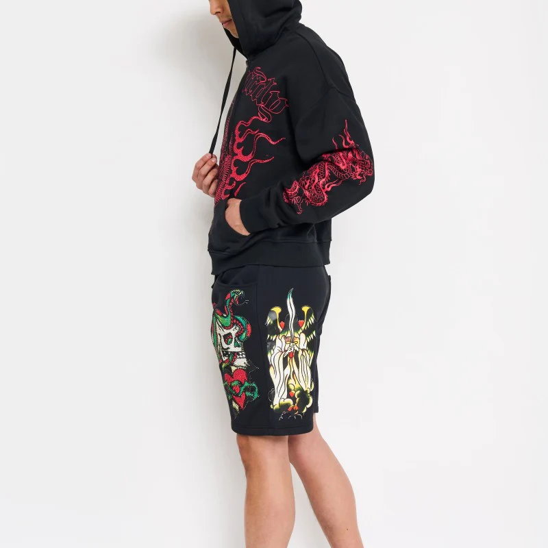 Skull Hearts Rhinestone Fleece Shorts