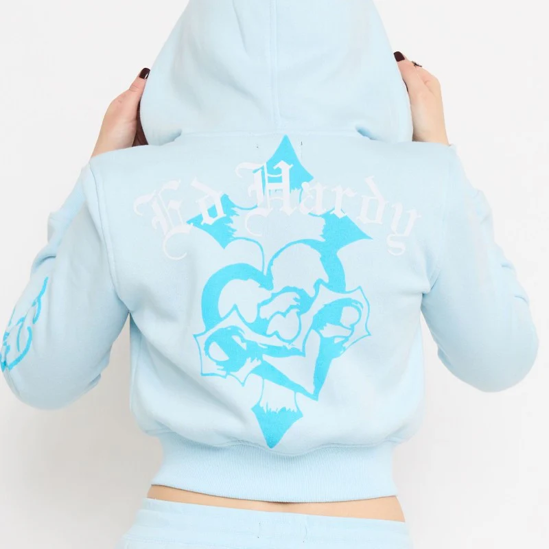 Blue Leopard Rhinestone Zip Front Hoodie