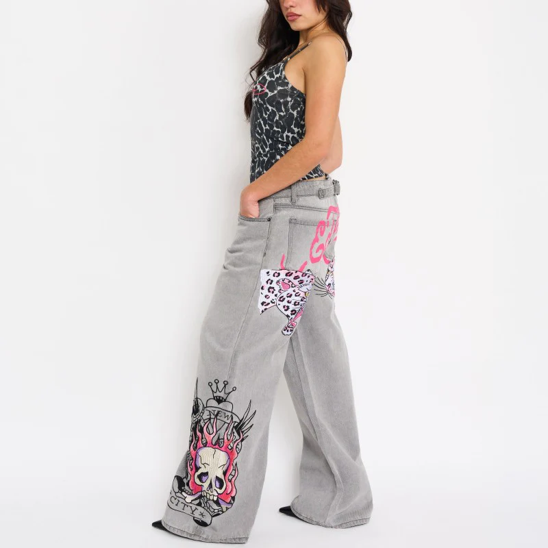 Pink Skull Flame Baggy Jeans