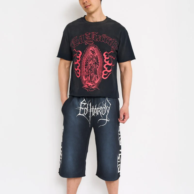 Crosses Puff Print Long Fleece Shorts